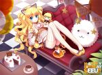  artist_name blonde_hair blue_eyes blurry cake casual character_doll character_name checkered checkered_floor couch cup depth_of_field food full_body happy_birthday heart heart_hands long_hair looking_at_viewer lying saban seeu shorts smile solo sweets teacup thigh-highs thighhighs twintails vertical-striped_legwear vertical_stripes very_long_hair vocaloid zettai_ryouiki 