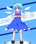  &#9320; 2009 aho blue_eyes blue_hair blush bow cirno crossed_arms detached_wings hair_bow highres ice ice_wings puffy_sleeves short_hair short_sleeves smile solo touhou wings â‘¨ 