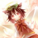  angel_wings animal_ears blush bow brown_hair cat_ears chen chen_okami daidai_ookami earrings feathers halo highres jewelry navel short_hair short_sleeves smile solo touhou wide_sleeves wings yellow_eyes 