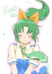  blush bow closed_eyes dated eyes_closed green_hair hair_bow inoue_sora long_hair midorikawa_nao necktie ponytail precure school_uniform signature smile smile_precure! solo v_arms 