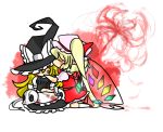  apron ascot bags_under_eyes blonde_hair braid closed_eyes crystal eyes_closed flandre_scarlet hat kirisame_marisa kiss kneeling long_hair multiple_girls puffy_sleeves reio short_hair short_sleeves side_braid side_ponytail single_braid sitting skull touhou very_long_hair wings witch_hat 