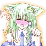  1girl animal_ears blush cat_ears closed_eyes detached_sleeves embarrassed eyes_closed fang frog_hair_ornament full-face_blush green_hair hair_ornament head_tilt kochiya_sanae long_hair nyan open_mouth paw_pose shiren_(monochrome_structure) snake_hair_ornament solo touhou translated 