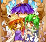  3girls blonde_hair blue_hair blush closed_eyes daidai_ookami detached_sleeves eyes_closed frog_hair_ornament gradient_hair green_hair hair_ornament hair_tubes hat kochiya_sanae leaf long_hair long_sleeves maple_leaf moriya_suwako multicolored_hair multiple_girls navel open_mouth purple_hair shimenawa short_hair smile snake_hair_ornament touhou wide_sleeves yasaka_kanako yellow_eyes 