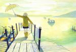  boat chika_(mysweetgarden) dock from_behind lake original outstretched_arm polka_dot raincoat rubber_boots shorts solo standing swan_boat umbrella water 