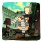  ashtray blush book books bra building cleavage clock dutch_angle green_hair lamp open_clothes open_shirt original picture_(object) plant potted_plant short_hair sitting sky solo striped striped_legwear striped_thighhighs thigh-highs thighhighs underwear window yoshida_seiji 
