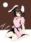  :p animal_ears bare_legs barefoot black_hair brown_eyes brown_hair bunny_ears carrot highres inaba_tewi looking_at_viewer naughty_face necktie rabbit_ears short_hair simple_background sitting solo sonjow4 tongue touhou wariza 