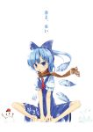  alternate_hairstyle barefoot blue_eyes blue_hair bow cirno detached_wings hair_bow highres ice ice_wings ilis open_mouth ponytail puffy_sleeves scarf short_hair short_sleeves snowman solo touhou translated translation_request white_background wings 