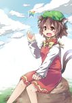  animal_ears bow brown_eyes brown_hair butterfly cat_ears cat_tail chen cloud clouds earrings hat jewelry long_sleeves multiple_tails open_mouth satsumi short_hair sitting sky solo tail touhou 