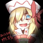  blonde_hair blood blood_on_face blue_eyes bow bust dated flashlight hair_over_one_eye hat lily_white open_mouth smile solo touhou yutamaro 