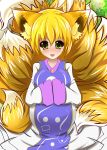  animal_ears blonde_hair blush breasts dubnino fox_ears fox_tail hands_in_sleeves highres looking_at_viewer multiple_tails open_mouth pregnant short_hair smile solo tail touhou yakumo_ran yellow_eyes 