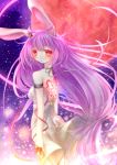  alternate_costume animal_ears blush bunny_ears bunny_tail dress fetefeteli glowing glowing_eyes long_hair moon pink_hair rabbit_ears red_eyes red_moon reisen_udongein_inaba sleeveless slit_pupils solo tail touhou very_long_hair 