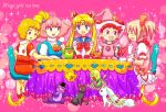  bird bishoujo_senshi_sailor_moon blonde_hair blue_eyes brown_hair bubble_skirt cat chair choker creature crossover cup double_bun dustpan earrings gloves hair_ornament hairpin harukaze_doremi hat heart jewelry kaname_madoka kyubey long_hair luna_(sailor_moon) magical_girl mahou_no_princess_minky_momo mahou_shoujo_madoka_magica mahou_tsukai_sally majorika minky_momo multiple_girls ojamajo_doremi open_mouth orange_hair pink_background pink_hair puffy_sleeves red_eyes red_hair redhead ribbon sailor_collar sailor_moon short_hair shouyu_senbei sitting skirt smile sparkle table teacup teapot tiara tsukino_usagi twintails v_arms witch_hat yumeno_sally 