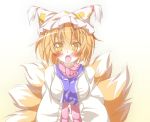 blonde_hair blush chen_okami daidai_ookami fang fox_tail hat highres long_sleeves multiple_tails open_mouth short_hair slit_pupils solo tail touhou white_background wide_sleeves yakumo_ran yellow_eyes 
