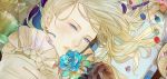  aqua_eyes bad_id black_gloves blonde_hair blue_rose earrings flower gloves jewelry leaf lips long_hair original rose saiga_tokihito solo 