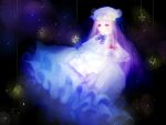  book bowtie capelet dress frilled_dress frills glowing hair_ribbon lavender_hair long_hair long_sleeves open_book patchouli_knowledge purple purple_eyes purple_hair ribbon solo star touhou tress_ribbon violet_eyes xxxcygne 