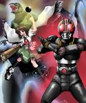  1boy 1girl antennae arm_cannon belt bow brown_hair crossover female giant_monster godzilla godzilla_(series) hair_bow highres kaijuu kamen_rider kamen_rider_black kamen_rider_black_(series) kazami_shirou_(kaizou-zumi) long_hair male monster pose red_eyes reiuji_utsuho rider_belt short_sleeves third_eye touhou weapon wings 