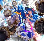  blue_hair boots dress food fruit hat hinanawi_tenshi holding keystone kimitoshiin long_hair peach red_eyes smile solo sword_of_hisou touhou 