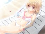  beach_chair bikini blonde_hair blush breasts cleavage crab drink frilled_bikini frills front-tie_top highres kilias large_breasts long_hair lounge_chair lying navel original ponytail red_eyes shiny shiny_skin side-tie_bikini solo swimsuit 