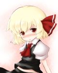  ascot blonde_hair blush cocozasa hair_ribbon highres puffy_sleeves red_eyes ribbon rumia short_hair short_sleeves solo touhou 