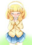  blonde_hair blush cardigan closed-eyes closed_eyes eyes_closed hairband highres kise_yayoi open_mouth precure school_uniform short_hair shy skirt smile_precure! solo tears zenon_(for_achieve) 