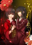  bad_id black_hair brown_eyes brown_hair butterfly choker dress fatal_frame fatal_frame_2 fatal_frame_4 flower haibara_ayako highres japanese_clothes kimono kurozatou_owata long_hair multiple_girls obi open_mouth rattle short_hair tachibana_chitose tears yellow_eyes 