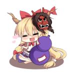  :3 =_= blonde_hair blush chibi closed_eyes eyes_closed gourd horns ibuki_suika kazami_chiu long_hair mask open_mouth sitting sleeveless solo touhou very_long_hair white_background 