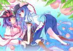 bad_id blue_hair blush boots capelet food fruit hat hat_ribbon hinanawi_tenshi long_hair looking_at_viewer multiple_girls nagae_iku peach purple_hair ratise red_eyes ribbon skirt smile touhou water