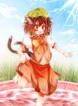  animal_ears barefoot blush bow brown_hair cat_ears cat_tail chen chen_okami cloud clouds daidai_ookami fang grass hat highres multiple_tails navel open_mouth orange_eyes puffy_sleeves short_hair short_sleeves sky solo tail touhou 