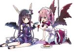  angel_wings black_hair blush chain chains cross cuffs dress feeding fork frown handcuffs himekiss kneeling leash long_hair maid maid_headdress multiple_girls nergal_(himekiss) pink_hair plate purple_eyes shoes simple_background sitting skull_necklace smile thanatos_(himekiss) violet_eyes white_background wings yokozuwari zaza_(x-can01) 