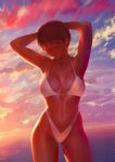  agnidevi armpits arms_behind_head arms_up bikini breasts brown_hair cloud dusk head_tilt highleg highleg_swimsuit highres horizon light_smile looking_at_viewer navel ocean original short_hair sky smile solo sunset swimsuit water 