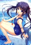  absurdres alpha alpha_(artist) arm_support bare_legs bare_shoulders barefoot black_hair blue_eyes feet fish from_above hair_bobbles hair_ornament highres long_hair looking_at_viewer original pool pool_ladder scan school_swimsuit sitting smile solo starting_block sunlight swimsuit swimsuit twintails wakamezake water wet 