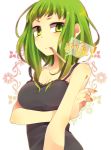  absurdres bare_shoulders breast_hold breasts cleavage green_eyes green_hair gumi haru_(oomr005) highres looking_at_viewer mouth_hold short_hair solo tank_top vocaloid 