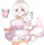  1girl blue_eyes bob_cut breasts butterfly cleavage dress dskn large_breasts original petals purple_dress short_hair silver_hair solo wind_lift 