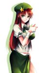  1girl bandage bandages braid breasts cleavage contrapposto green_eyes hand_on_hip hat highres hong_meiling long_hair nr_(cmnrr) open_clothes open_shirt puffy_sleeves red_hair redhead shadow short_sleeves side_braid single_braid smile solo star thumbs_up touhou white_background 