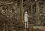  asymmetrical_hair bad_id bandage bandages barefoot brown_eyes brown_hair hair_ornament hairclip industrial iwakura_lain kahama_youko monochrome rubble ruins sepia serial_experiments_lain short_hair solo stuffed_animal stuffed_toy 