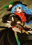  alternate_costume belt black_gloves blue_hair chain chains fingerless_gloves food fruit gloves hat highres hinanawi_tenshi leaf long_hair open_mouth outstretched_arm peach red_eyes scabbard sheath sheathed smile solo sonjow4 sword touhou weapon 