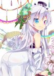  :3 absurdres arm_support ass bare_shoulders bent_over blue_eyes canon_(nyori) detached_sleeves flower hair_flower hair_ornament hat heterochromia highres long_hair looking_at_viewer nyori original red_eyes solo white_background white_hair 