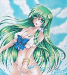  ahoge bikini bow bracelet breasts frog_hair_ornament green_eyes green_hair hair_ornament hair_tubes jewelry kochiya_sanae large_breasts long_hair marker_(medium) millipen_(medium) ryumaira snake_hair_ornament solo swimsuit touhou traditional_media water white_bikini 