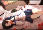  arm_up bed black_hair blood bloody_knife book eating food fruit holding knife lying lyng on_back original pomegranate red_eyes school_uniform seifuku skirt solano solo weapon window 