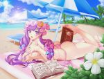  ass barefoot beach bikini book breasts covering covering_breasts feet foot_hold hat jeibii large_breasts lens_flare long_hair patchouli_knowledge purple_eyes purple_hair solo swimsuit toes touhou umbrella violet_eyes 