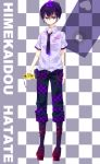  belt brush cellphone genderswap hat hata-tan himekaidou_hatate necktie pants phone purple_eyes purple_hair shiratsuyu short_sleeves solo tokin_hat touhou violet_eyes 