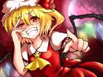  ascot blonde_hair bust crystal fangs flandre_scarlet full_moon glowing glowing_wings grin hand_on_own_face hat hat_ribbon long_hair looking_at_viewer moon pointing pointing_at_viewer puffy_sleeves red_eyes ribbon roki_(hirokix) short_hair short_sleeves side_ponytail smile solo touhou uneven_eyes wings 