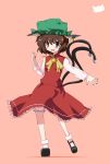  aho animal_ears blush bow brown_eyes brown_hair cat_ears cat_tail chen earrings hat highres jewelry long_sleeves mary_janes multiple_tails open_mouth outstretched_arms shoes short_hair solo tail touhou 
