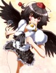  black_hair blush bread camera egg food harukahime hat highres mouth_hold red_eyes shameimaru_aya short_hair skirt solo toast toast_in_mouth tokin_hat touhou wings zan_(harukahime) 