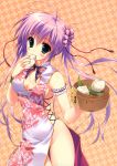  absurdres ahoge armband blush bottomless breasts china_dress chinese_clothes cleavage double_bun eating female food green_eyes highres holding long_hair looking_at_viewer mound_of_venus nikuman no_panties original purple_hair ryouka_(suzuya) scan solo twintails 