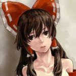  bangs bare_shoulders bow brown_eyes brown_hair collarbone face grey_background hair_between_eyes hair_bow hakurei_reimu long_hair looking_away nude open_mouth sakura_saki solo touhou 