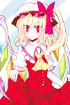  ascot bad_id blonde_hair blush bow crystal flandre_scarlet hat hat_bow highres kuroi_paseri puffy_sleeves red_eyes short_sleeves side_ponytail slit_pupils smile solo touhou wings 