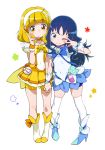  1girl bike_shorts blonde_hair blue_eyes blue_hair blush boots bow brooch choker clothed_navel cure_marine cure_peace dress hairband hand_holding happy heartcatch_precure! henreader high_heels jewelry kise_yayoi kurumi_erika long_hair magical_girl multiple_girls open_mouth precure puffy_sleeves ribbon shoes short_hair shorts_under_skirt simple_background skirt smile smile_precure! thigh-highs thighhighs v white_background white_legwear wink wrist_cuffs yellow_bike_shorts yellow_dress yellow_eyes 