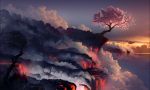  bare_tree cherry_blossoms cliff cloud clouds copyright_request molten_rock no_humans ocean scenery smoke steam sunset tree 