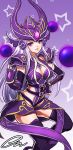  absurdres armor belt breasts cleavage forehead_protector gloves hand_on_hip helmet highres league_of_legends long_hair orb oyj814 oz_(gerbera7) pauldrons pink_eyes signature silver_hair smile solo star starry_background syndra thigh-highs thighhighs 